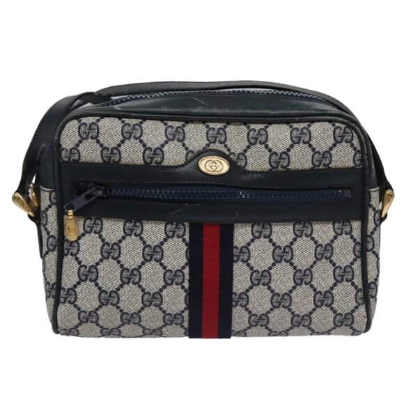 GUCCI GG Supreme Sherry Line Shoulder Bag PVC Leather Navy Red